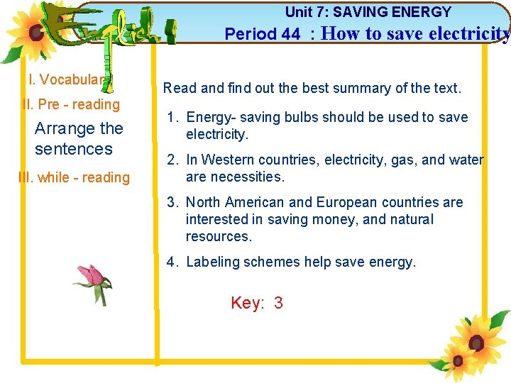 Unit 7: SAVING ENERGY Period 44 : How to save electricity 3 I. Vocabulary