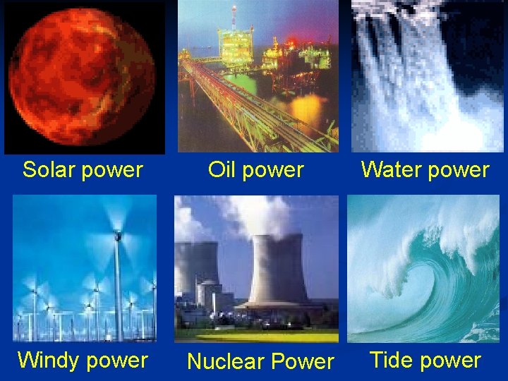 Solar power Oil power Water power Windy power Nuclear Power Tide power 