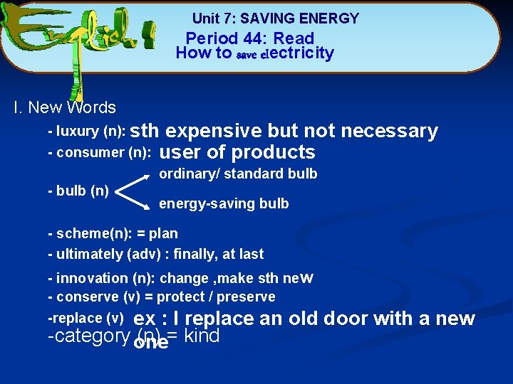 Unit 7: SAVING ENERGY Period 44: Read How to save electricity I. New Words