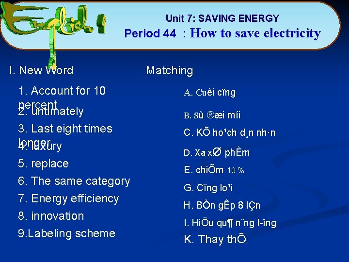 Unit 7: SAVING ENERGY Period 44 : How to save electricity I. New Word