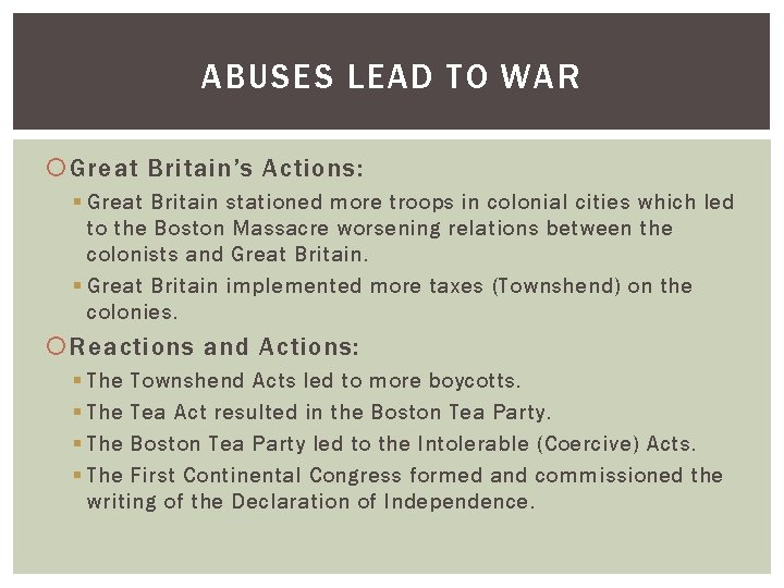 ABUSES LEAD TO WAR Great Britain’s Actions: § Great Britain stationed more troops in