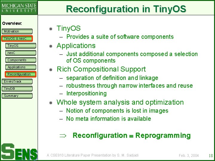Reconfiguration in Tiny. OS Overview: Motivation – Provides a suite of software components Tiny.