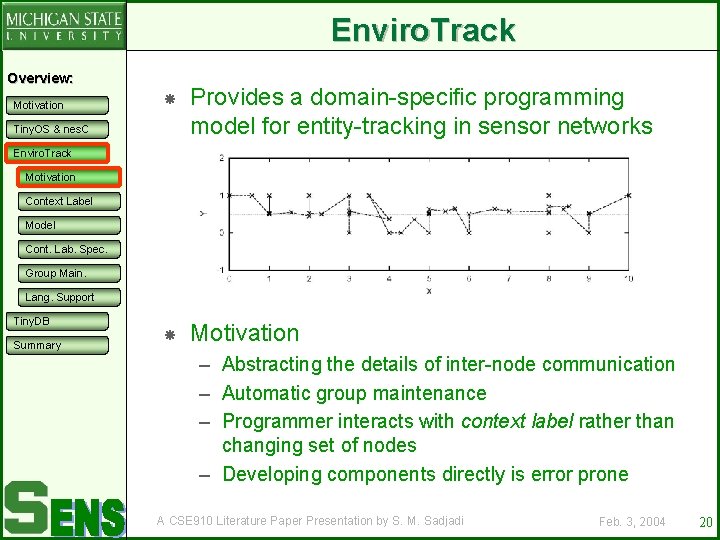 Enviro. Track Overview: Motivation Provides a domain-specific programming model for entity-tracking in sensor networks