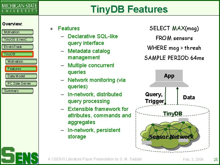 Tiny. DB Features Overview: Motivation Tiny. OS & nes. C Enviro. Track Tiny. DB