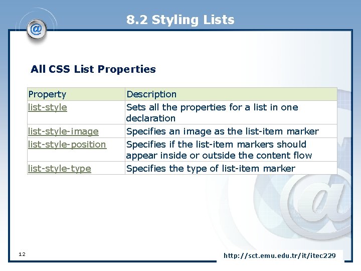 8. 2 Styling Lists All CSS List Properties Property list-style-image list-style-position list-style-type 12 Description