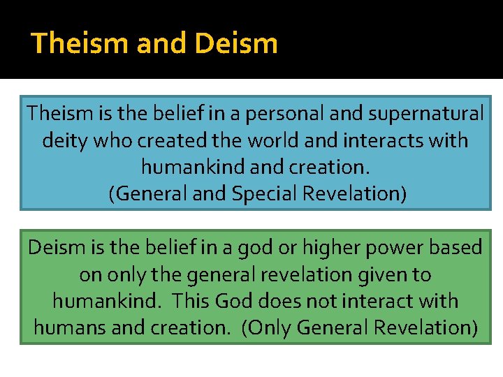 Theism and Deism Theism is the belief in a personal and supernatural deity who