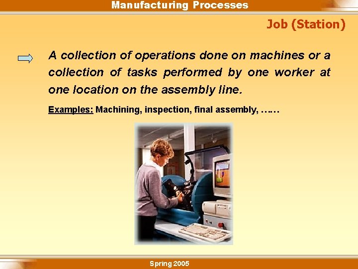 Manufacturing Processes Job (Station) A collection of operations done on machines or a collection