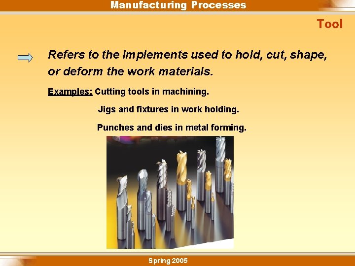 Manufacturing Processes Tool Refers to the implements used to hold, cut, shape, or deform