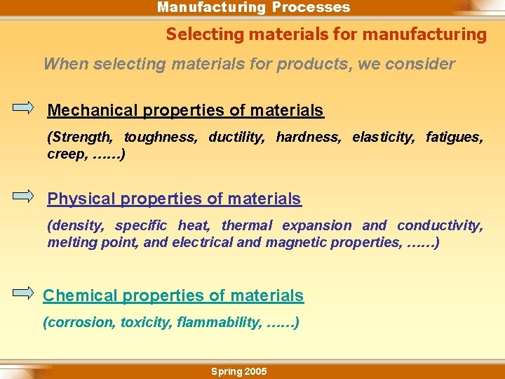 Manufacturing Processes Selecting materials for manufacturing When selecting materials for products, we consider Mechanical