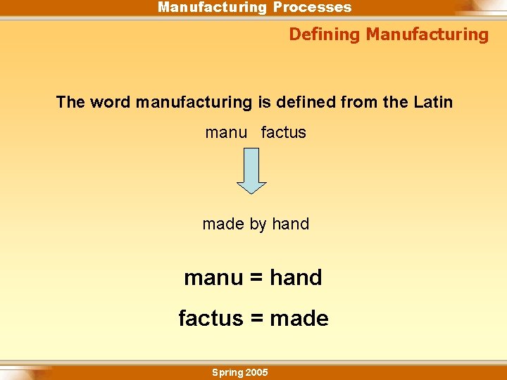 Manufacturing Processes Defining Manufacturing The word manufacturing is defined from the Latin manu factus
