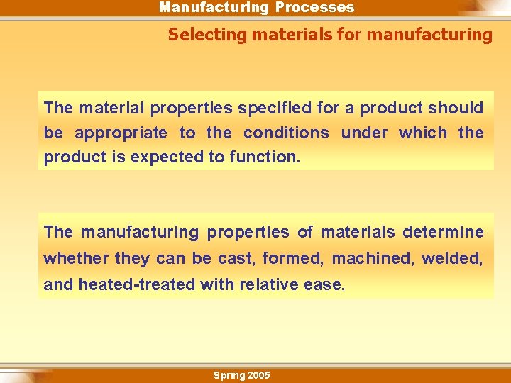 Manufacturing Processes Selecting materials for manufacturing The material properties specified for a product should