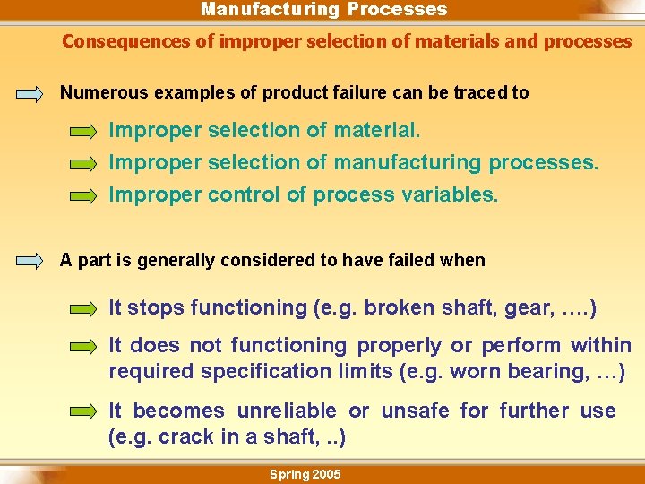 Manufacturing Processes Consequences of improper selection of materials and processes Numerous examples of product