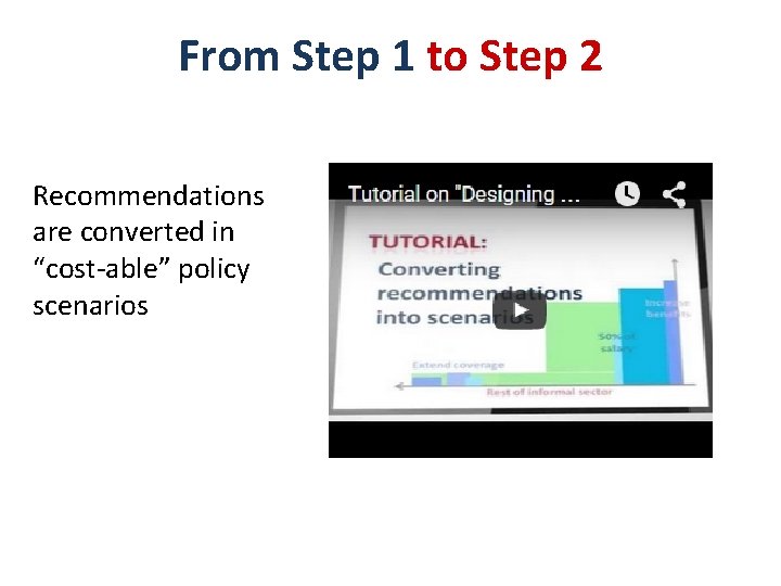 From Step 1 to Step 2 Recommendations are converted in “cost-able” policy scenarios 