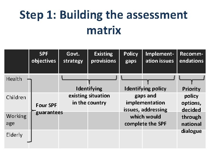 Step 1: Building the assessment matrix SPF objectives Govt. strategy Existing provisions Policy gaps