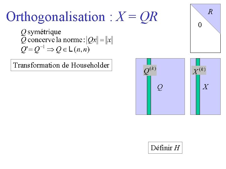 Orthogonalisation : X = QR R 0 Transformation de Householder Q Définir H X