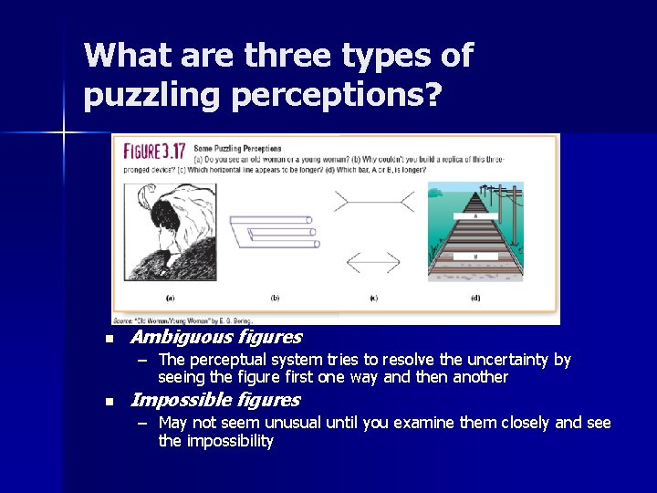 What are three types of puzzling perceptions? n Ambiguous figures – The perceptual system What are three types of puzzling perceptions? n Ambiguous figures – The perceptual system
