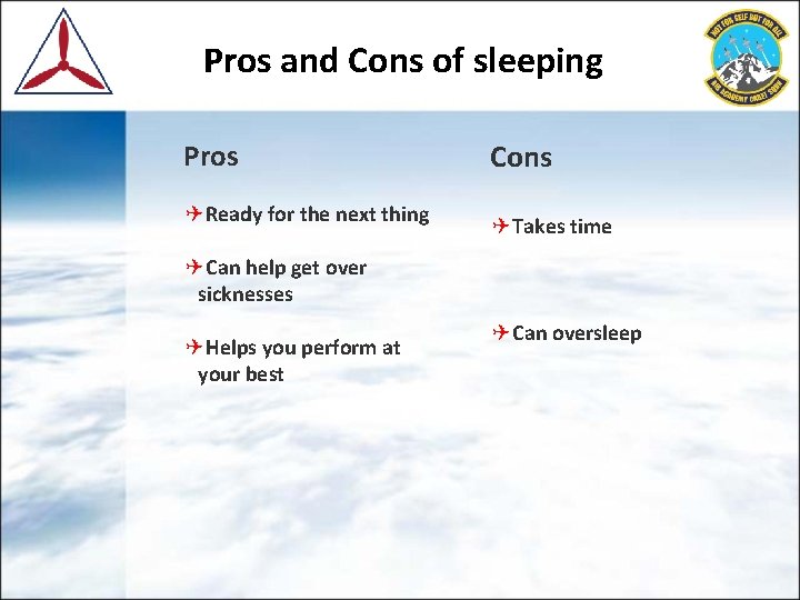 Pros and Cons of sleeping Pros ✈Ready for the next thing Cons ✈Takes time Pros and Cons of sleeping Pros ✈Ready for the next thing Cons ✈Takes time