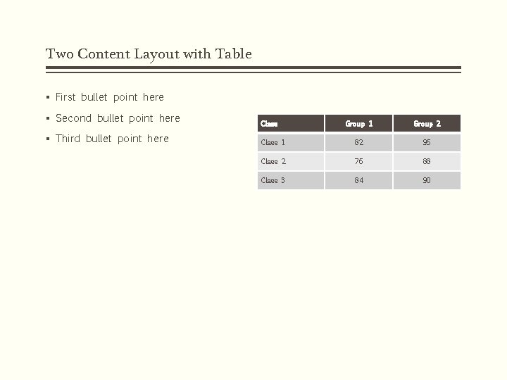 Two Content Layout with Table § First bullet point here § Second bullet point