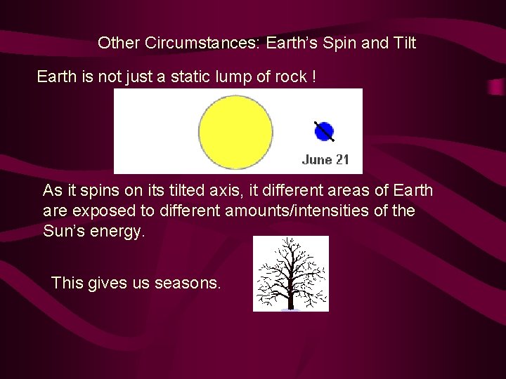 Other Circumstances: Earth’s Spin and Tilt Earth is not just a static lump of