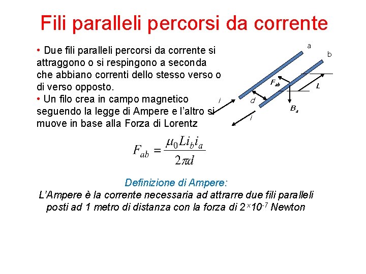 Fili paralleli percorsi da corrente • Due fili paralleli percorsi da corrente si attraggono