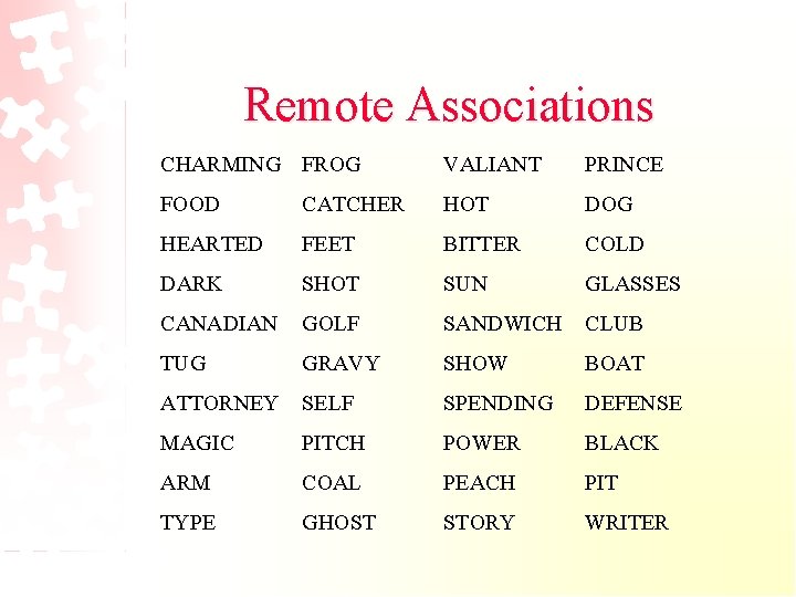 Remote Associations CHARMING FROG VALIANT PRINCE FOOD CATCHER HOT DOG HEARTED FEET BITTER COLD