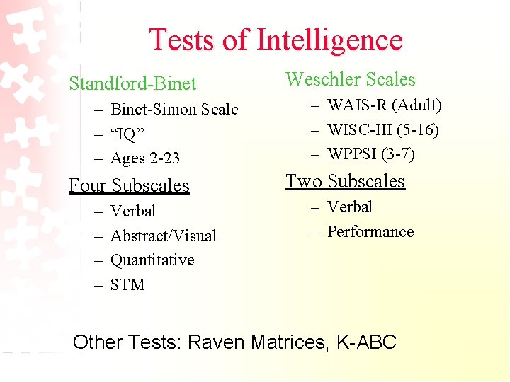 Tests of Intelligence Standford-Binet – Binet-Simon Scale – “IQ” – Ages 2 -23 Four