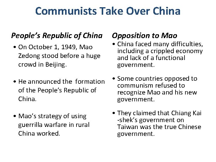 Communists Take Over China People’s Republic of China • On October 1, 1949, Mao