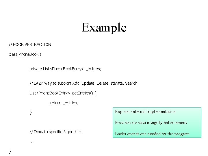 Example // POOR ABSTRACTION class Phone. Book { private List<Phone. Book. Entry> _entries; //