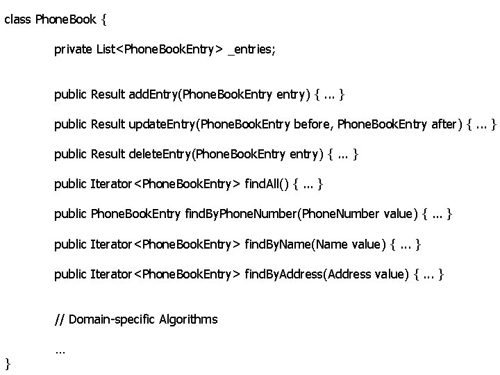 class Phone. Book { private List<Phone. Book. Entry> _entries; public Result add. Entry(Phone. Book.