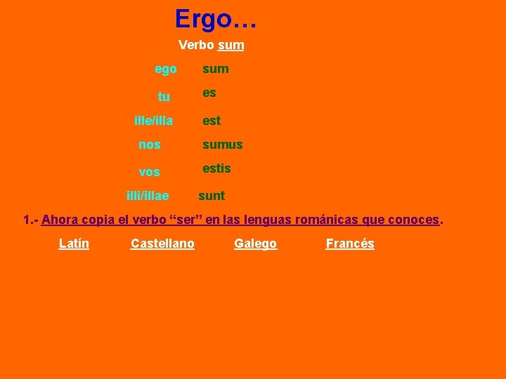 Ergo… Verbo sum ego tu ille/illa sum es est nos sumus vos estis illi/illae