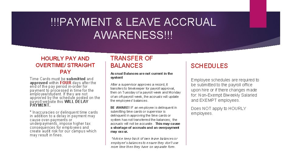 !!!PAYMENT & LEAVE ACCRUAL AWARENESS!!! HOURLY PAY AND OVERTIME/ STRAIGHT PAY Time Cards must