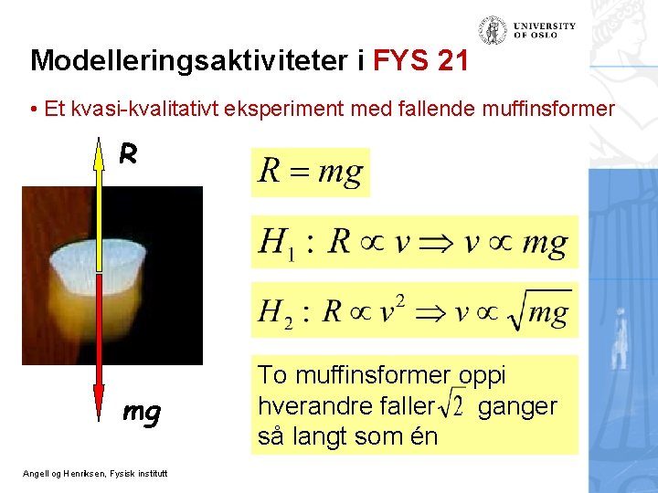 Modelleringsaktiviteter i FYS 21 • Et kvasi-kvalitativt eksperiment med fallende muffinsformer R mg Angell