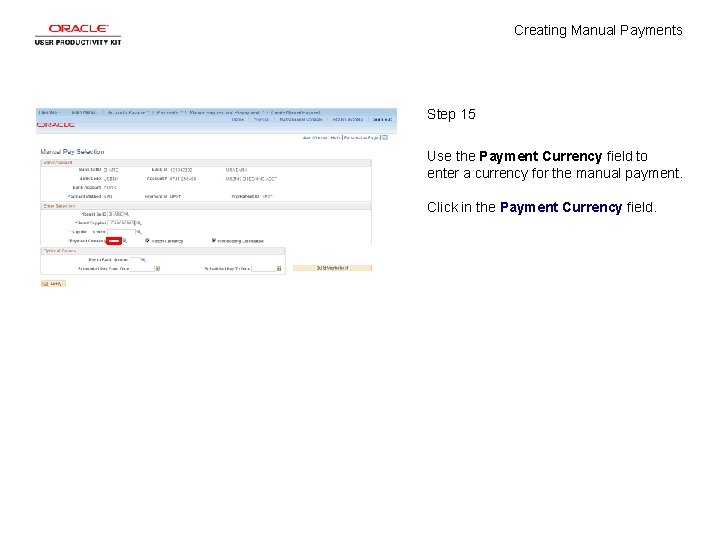 Creating Manual Payments Step 15 Use the Payment Currency field to enter a currency