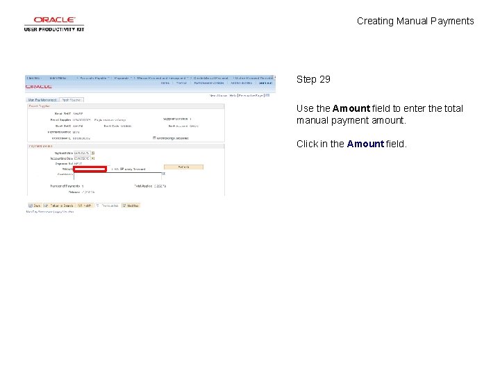 Creating Manual Payments Step 29 Use the Amount field to enter the total manual