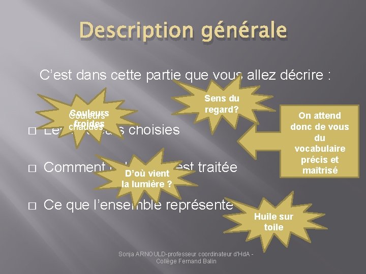 Description générale C’est dans cette partie que vous allez décrire : Couleurs froides chaudes