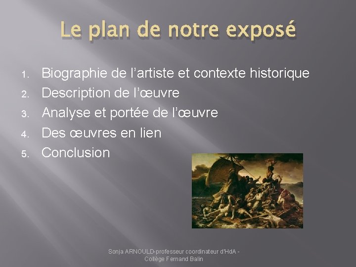 Le plan de notre exposé 1. 2. 3. 4. 5. Biographie de l’artiste et