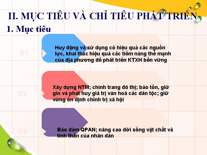 II. MỤC TIÊU VÀ CHỈ TIÊU PHÁT TRIỂN 1. Mục tiêu 01 02 03