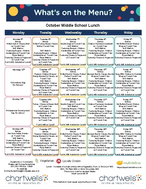 October Middle School Lunch Monday Tuesday Wednesday Thursday Friday Monday 5 th Tuesday 6