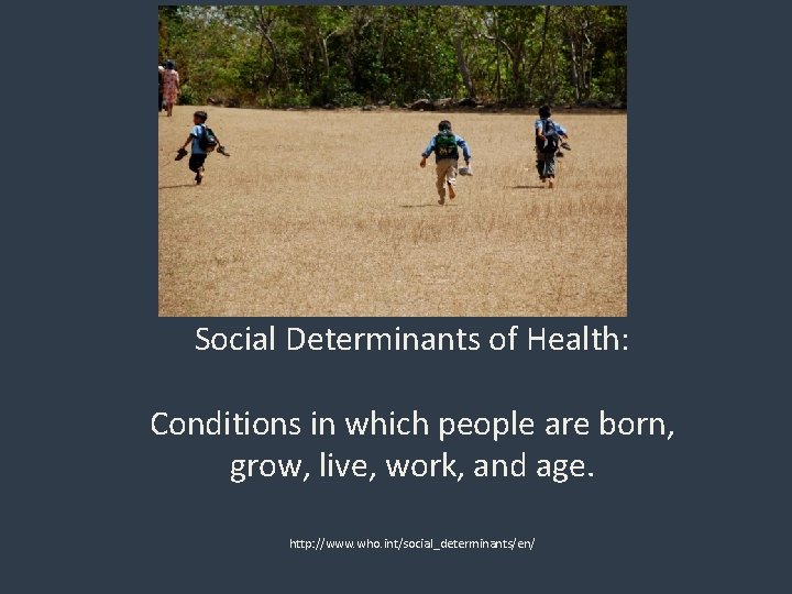 Social Determinants of Health: Conditions in which people are born, grow, live, work, and