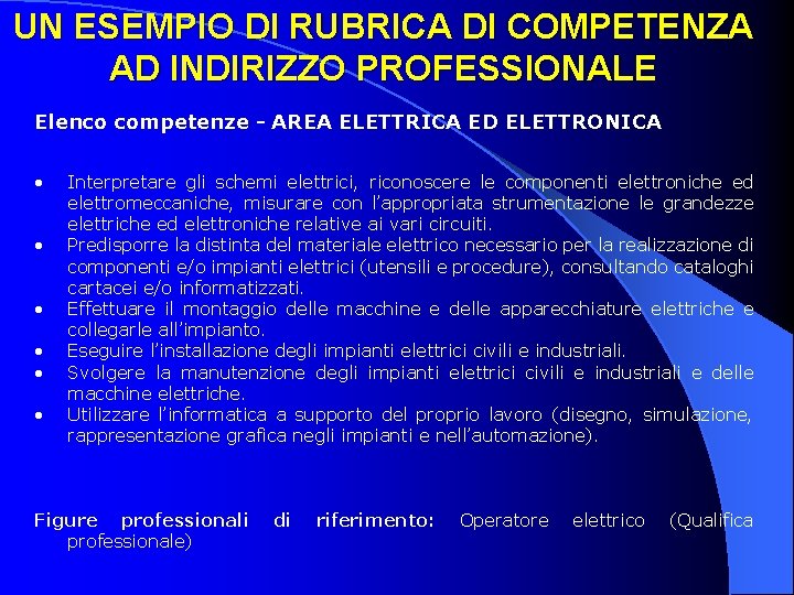 UN ESEMPIO DI RUBRICA DI COMPETENZA AD INDIRIZZO PROFESSIONALE Elenco competenze - AREA ELETTRICA