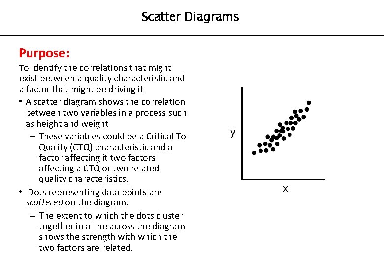 Scatter Diagrams Purpose: To identify the correlations that might exist between a quality characteristic