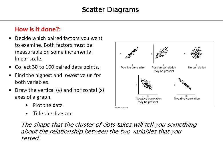 Scatter Diagrams How is it done? : • Decide which paired factors you want