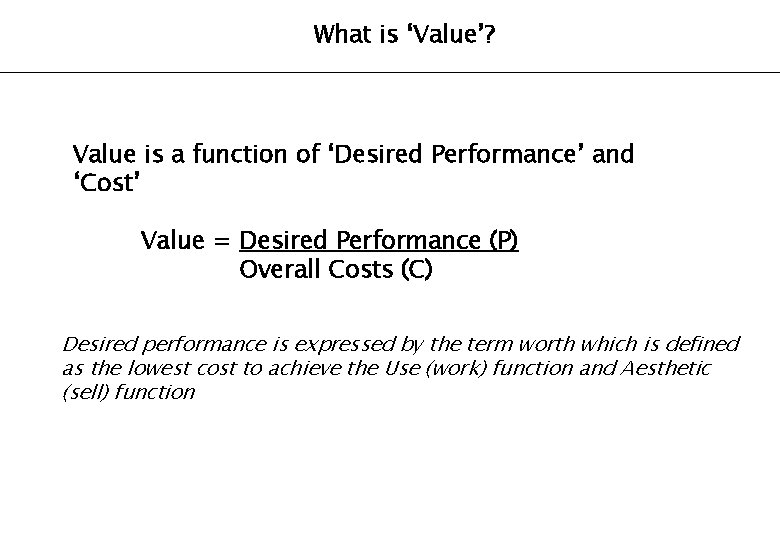 What is ‘Value’? Value is a function of ‘Desired Performance’ and ‘Cost’ Value =