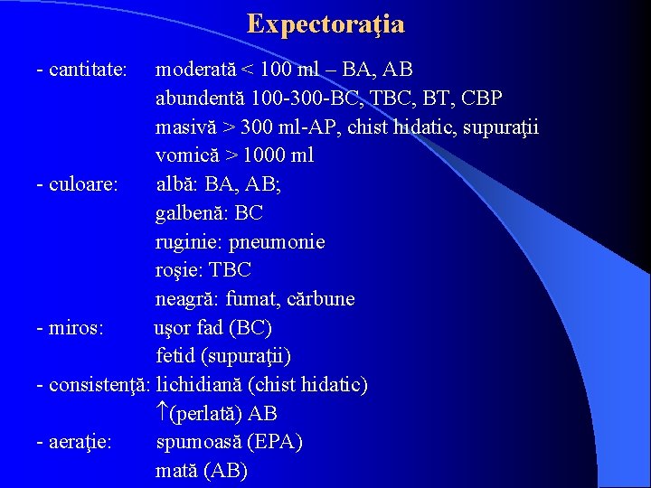 Expectoraţia - cantitate: moderată < 100 ml – BA, AB abundentă 100 -300 -BC,