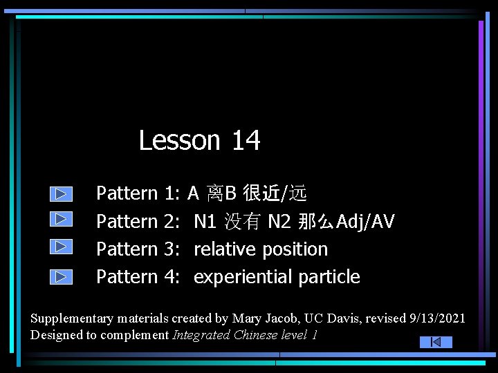 Lesson 14 Pattern 1: 2: 3: 4: A 离B 很近/远 N 1 没有 N