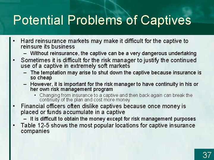 Potential Problems of Captives • Hard reinsurance markets may make it difficult for the