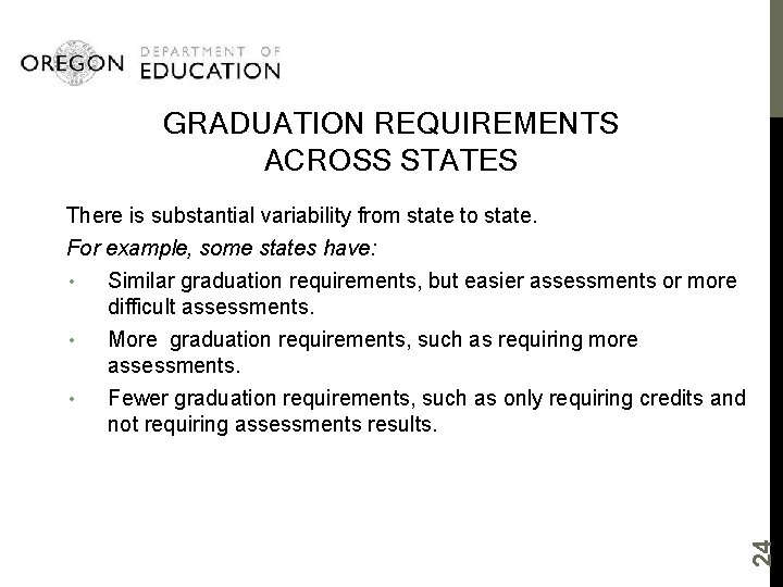 GRADUATION REQUIREMENTS ACROSS STATES There is substantial variability from state to state. For example,