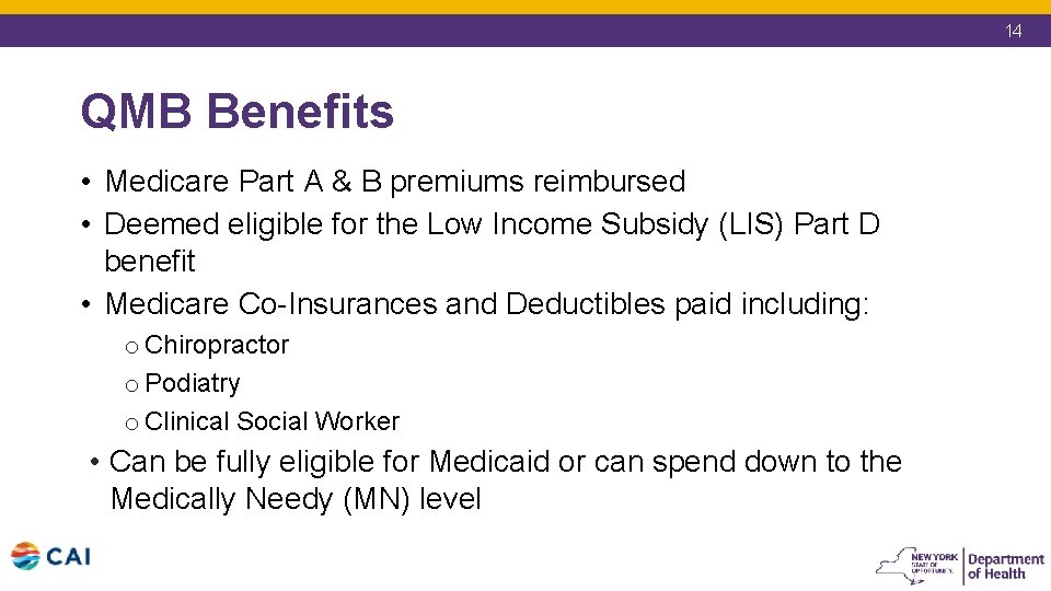 14 QMB Benefits • Medicare Part A & B premiums reimbursed • Deemed eligible 14 QMB Benefits • Medicare Part A & B premiums reimbursed • Deemed eligible