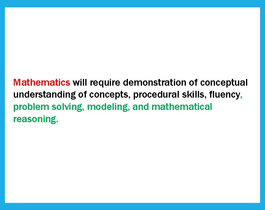 Mathematics will require demonstration of conceptual understanding of concepts, procedural skills, fluency, problem solving,