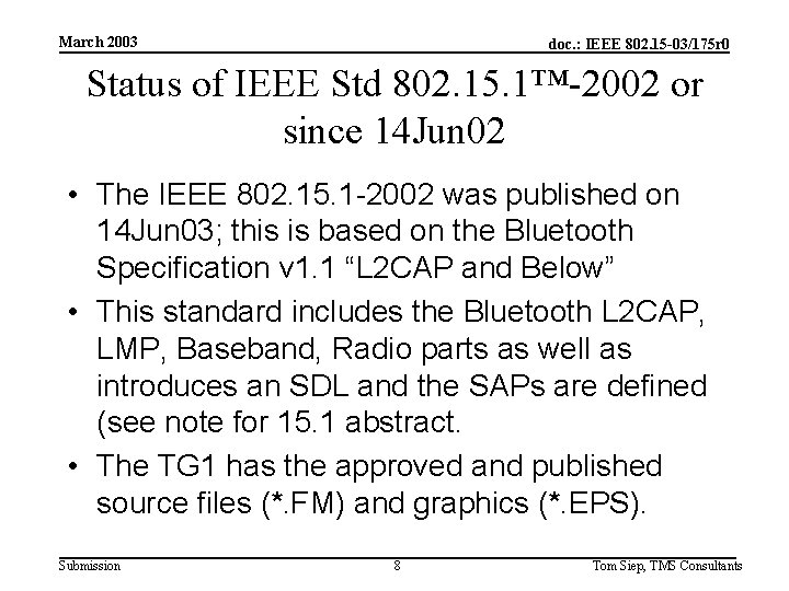 March 2003 doc. : IEEE 802. 15 -03/175 r 0 Status of IEEE Std